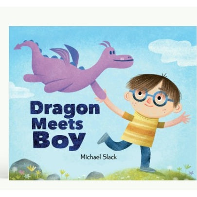 Children's book cover: "Dragon Meets Boy" with a purple cartoon dragon and a boy with glasses.